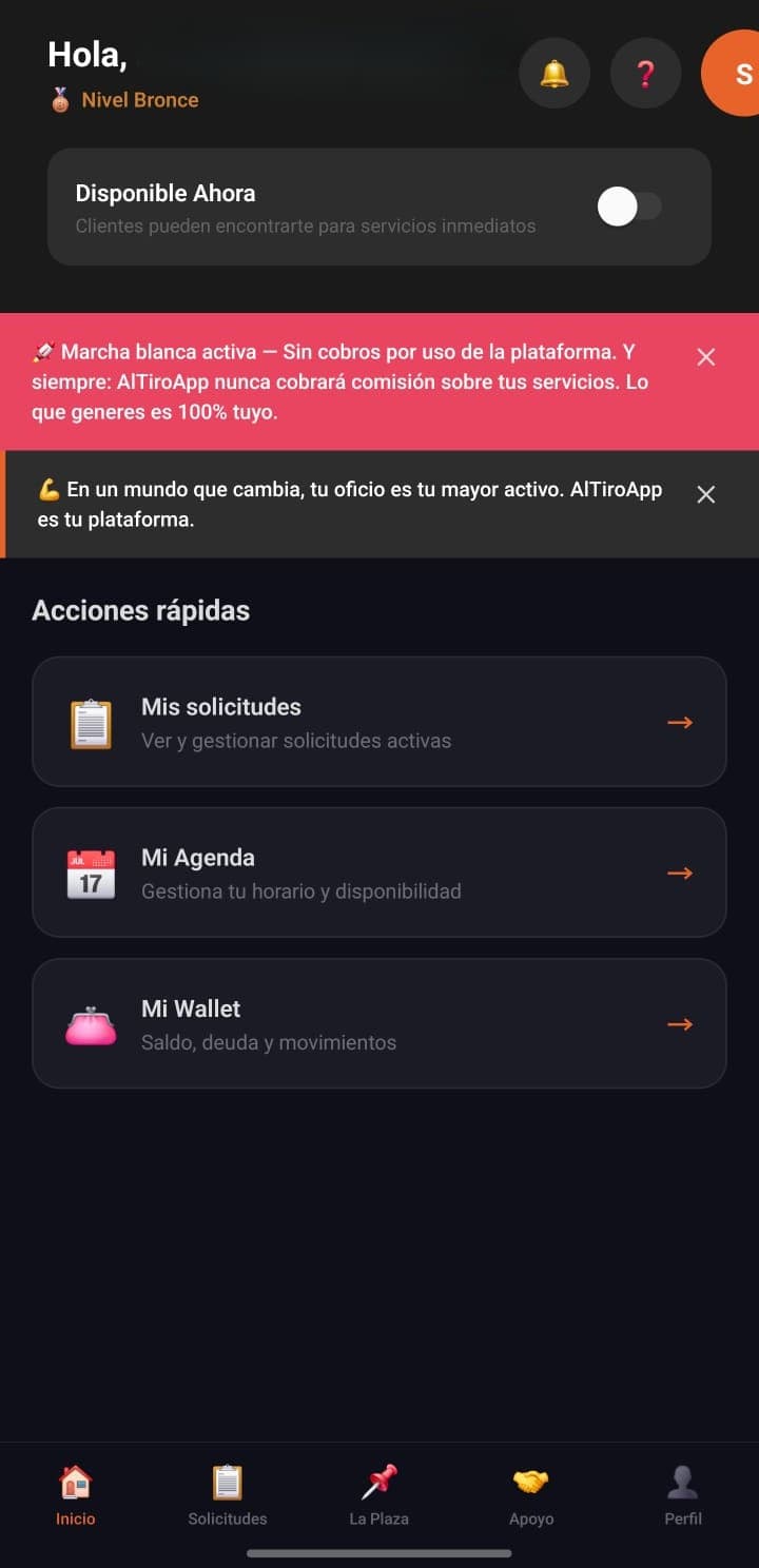 Panel de inicio del Pro en AlTiroApp